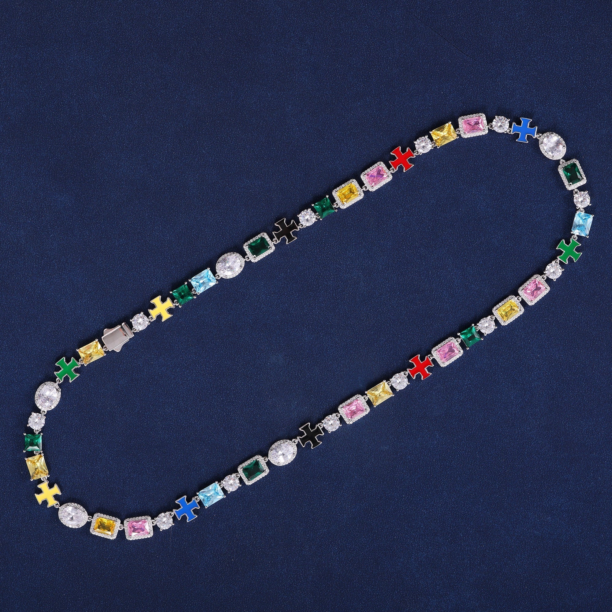 MULTI GEMSTONE MOTIF CHAIN - WHITE GOLD- 925 SILVER - VVS1